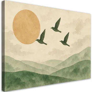 Obraz Obraz do ložnice, Ptáci Hory Akvarel Zelená Béžová 90x60