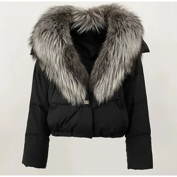 Dámská parka Best Fashion Dámská krátká bunda s límcem z pravé liščí kožešiny Velikost: M, Barva (Varianta): black silver