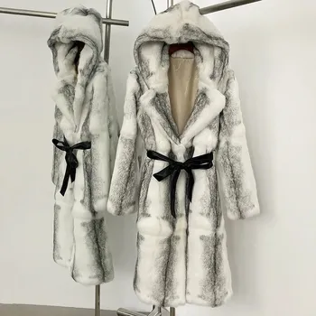 Dámský kabát Best Fashion Dámský kabát z pravé liščí a králičí kožešiny s kapucí Velikost: XL, Barva (Varianta): leather belt