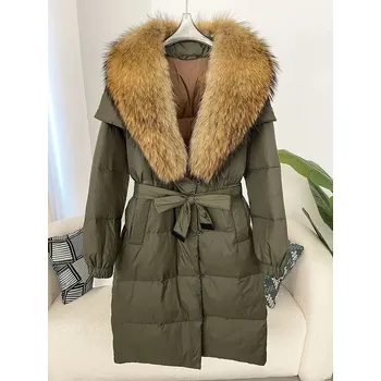 Dámská parka Best Fashion Dámská péřová bunda s páskem a límcem z liščí kožešiny Velikost: S, Barva (Varianta): green natural
