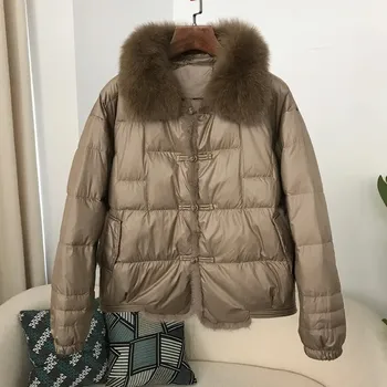 Dámská parka Best Fashion Krátká dámská péřová bunda s límcem z norkové a liščí kožešiny Velikost: XL, Barva (Varianta): Kávová