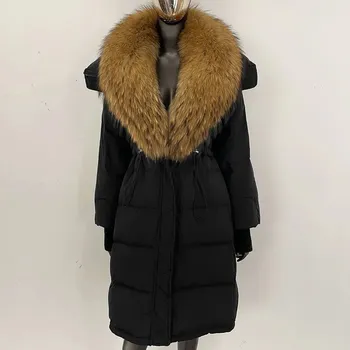 Dámská parka Best Fashion Dámská dlouhá péřová bunda s kožešinovým límcem Velikost: S, Barva (Varianta): black natural