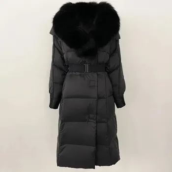 Dámská parka Best Fashion Dlouhá dámská péřová bunda s páskem a límcem z mývalí kožešiny Velikost: M, Barva (Varianta): Černá