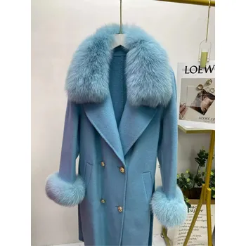 Dámský kabát Best Fashion Dlouhý dámský vlněný kabát s páskem a manžetami z liščí kožešiny Velikost: S, Barva (Varianta): Modrá