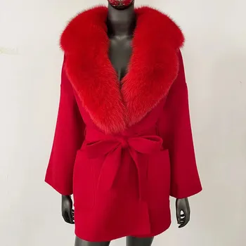 Dámský kabát Best Fashion Dámský vlněný kabát s límcem z mývalí kožešiny Velikost: S, Barva (Varianta): Červená