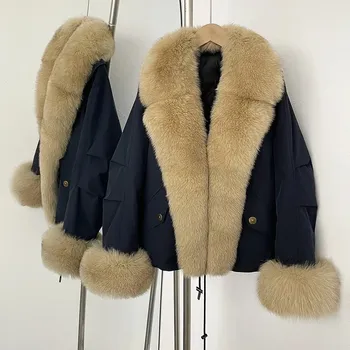 Dámská parka Best Fashion Dámská péřová bunda s voděodolnou úpravou a kožešinovým límcem Velikost: M, Barva (Varianta): Blue khaki