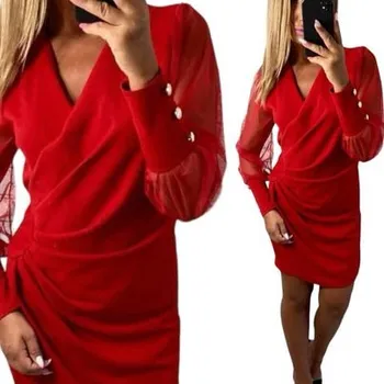 Dámské šaty V782 SPOLEČENSKÉ ZAVINOVACÍ ŠATY TYLOVÝ RUKÁV MODRÁ (CHRPOVÁ) vel. 48 (4XL)