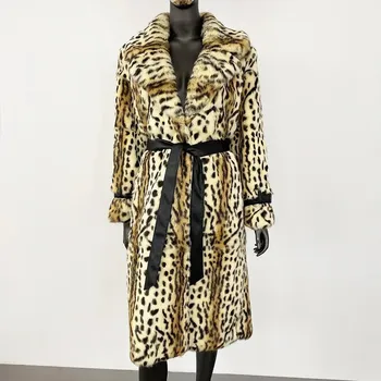 Dámský kabát Best Fashion Dlouhý dámský kabát z králičí kožešiny s leopardím vzorem Velikost: XL, Barva (Varianta): 1-2