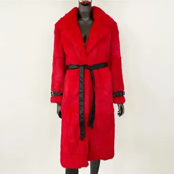 Dámský kabát Best Fashion Dlouhý dámský kabát z králičí kožešiny s leopardím vzorem Velikost: 3XL, Barva (Varianta): Červená