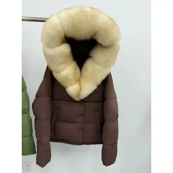 Dámská parka Best Fashion Dámská krátká péřová bunda s límcem z pravé liščí kožešiny Velikost: L, Barva (Varianta): Brown beige