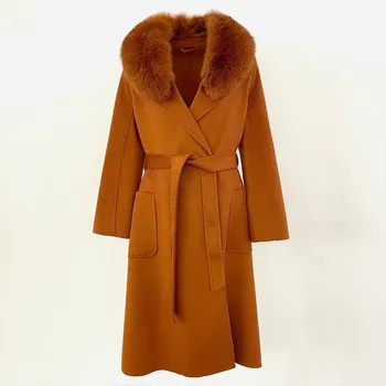 Dámský kabát Best Fashion Dámský dlouhý kabát z liščí kožešiny a vlny Velikost: M, Barva (Varianta): Red Coffee