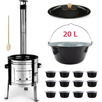 Kempingové nádobí Smaltovaný kotlík 20 L + nerezová kotlina 42 INOX + vařečka + plastové boxy (misky) s víkem 12 ks