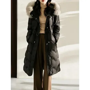 Dámská parka Best Fashion Dámský dlouhý péřový kabát s odepínacím límcem z liščí kožešiny Velikost: M, Barva (Varianta): Černá