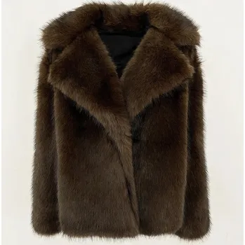 Dámská parka Best Fashion Dlouhý dámský kabát z umělé kožešiny s vysokým plyšovým límcem Velikost: L, Barva (Varianta): Kávová