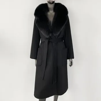 Dámský kabát Best Fashion Dámský vlněný kabát s límcem z pravé liščí kožešiny Velikost: M, Barva (Varianta): Černá