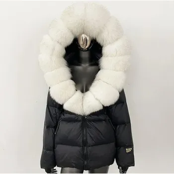 Dámská parka Best Fashion Dámská péřová bunda s kapucí a límcem z liščí kožešiny Velikost: S, Barva (Varianta): Černo-bílá