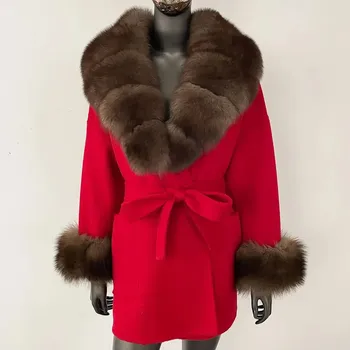 Dámský kabát Best Fashion Dámský kabát z liščí a mývalí kožešiny s vlněnou podšívkou Velikost: S, Barva (Varianta): Red zidiao