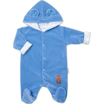 Semiškový, velurový overal s kapucí Baby Nellys New Bunny, modrý Velikost: 74 (6-9m)