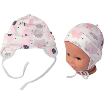 Kojenecký body Baby Nellys Bavlněná čepička na zavazování, Sloníci, růžová, lem šedý Velikost: 50/56 (0-2m)