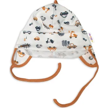 Baby Nellys Bavlněná čepička s oušky na zavazování- Car, smetanová/hnědá Velikost: 74/80 (9-12m)