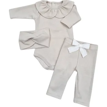 Kojenecký body Kazum Žebrované body s límečkem, legíny a čelenka, 3D, bavlna, písková Velikost: 74 (6-9m)