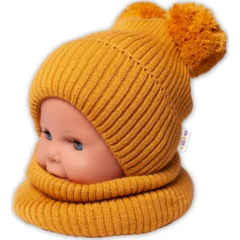 Baby Nellys Zimní pletená čepice + nákrčník - hořčicová s bambulkami Velikost koj oblečení: 92/98 (18-36m)