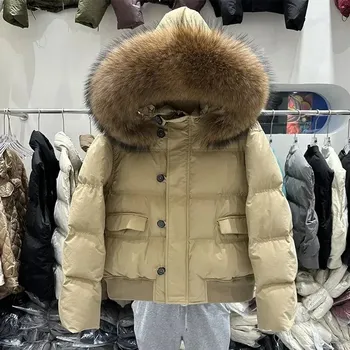 Dámská parka Best Fashion Dámská krátká péřová bunda s límcem z mývalí kožešiny Velikost: M, Barva (Varianta): Khaki nature