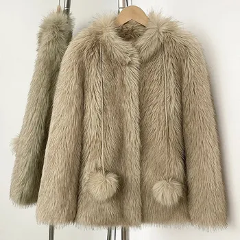 Dámská parka Best Fashion Dlouhý dámský kabát z umělé kožešiny s kulatým výstřihem Velikost: S, Barva (Varianta): faux fur