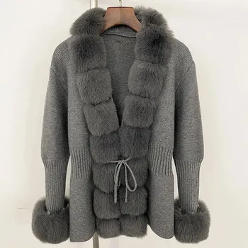 Dámský kožich Best Fashion Dámský pletený cardigan s umělou kožešinou kolem límce Velikost: ONE SIZE, Barva (Varianta): Šedá