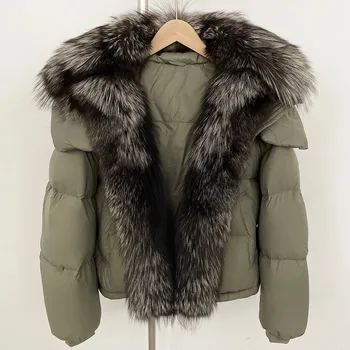 Dámská parka Best Fashion Dámská krátká péřová bunda s límcem z liščí a mývalí kožešiny Velikost: ONE SIZE, Barva (Varianta): Green silver
