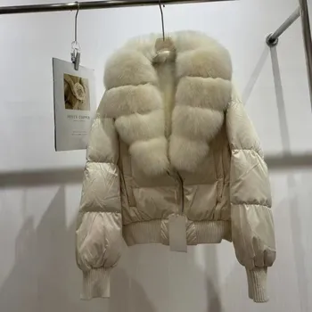 Dámská parka Best Fashion Péřová bunda s límcem z liščí kožešiny na zip Velikost: S, Barva (Varianta): Bílá