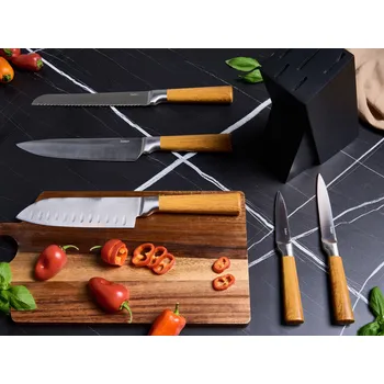 Kuchyňský nůž Sada nožů hnědá nerezová ocel 5 kusů dřevěný stojan ručně broušená tvrdost 54 HRC kuchyňský nůž moderní Beliani