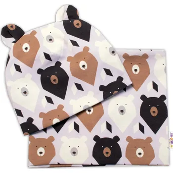 Kojenecké oblečení Baby Nellys Dvouvrstvá čepice s oušky + komínek Medvědi, hnědá/smetanová Velikost: 62-74 (3-9m)