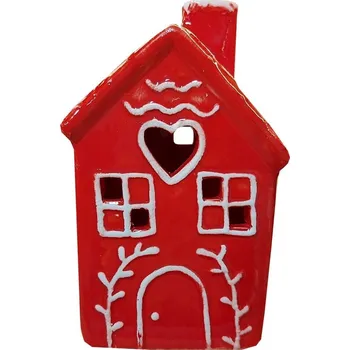 Vánoční dekorace Domek keramický červený svítící 12*7,5cm 2009311-1