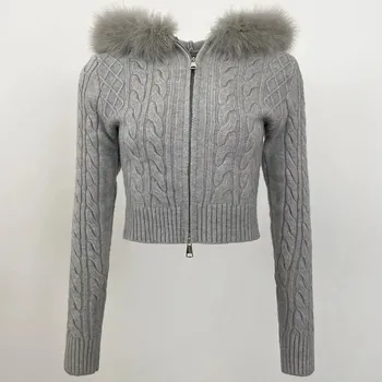 Dámský kožich Best Fashion Krátký dámský pletený svetr s kapucí a kožešinovým lemem Velikost: ONE SIZE, Barva (Varianta): Šedá