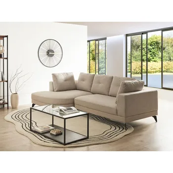 Pohovka Rohová pohovka světle béžová umělý len čalounění pravostranná vodoodpudivá černé železné nohy s polštáři moderní styl obývací pokoj Beliani