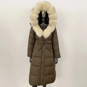 Dámská parka Best Fashion Dámská dlouhá péřová bunda s kapucí a límcem z liščí kožešiny Velikost: XL, Barva (Varianta): Green beige