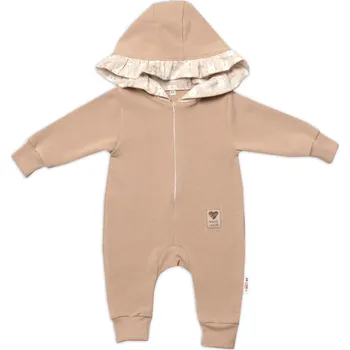 Dětská móda Baby Nellys Teplákový overal s kapucí a volánkem, New Bunny - cappuccino Velikost: 86 (12-18m)