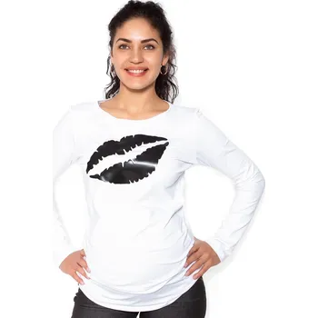 Těhotenské šaty Be MaaMaa Těhotenské triko dlouhý rukáv Kiss - bílé Velikost oblečení: M (38)