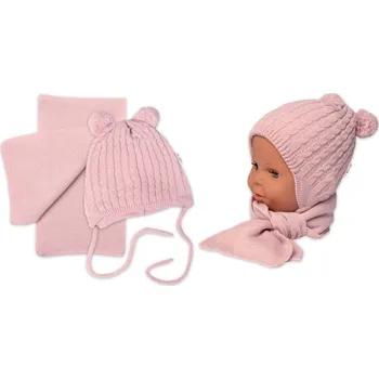 Kojenecký body Zimní čepice na zavazování s bambulky + šál, Baby Nellys - pudrově růžová Velikost: 56/62 (0-3m)