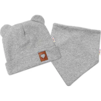Kojenecký body Baby Nellys Žebrovaná dvouvrstvá čepice s oušky + šátek TEDDY - šedý melír Velikost: 80/86 (12-18m)
