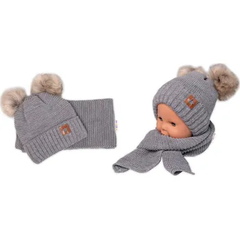 Kojenecký body Zimní čepice s kožešinovými bambulemi + šál Baby Nellys Star - šedá, 6/24 měsíců Velikost koj oblečení: 80-92 (12-24m)