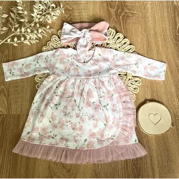 Kojenecké oblečení Mamatti Šaty s tylovým lemem dl. rukáv, Květy višní, Mamatti, smetanovo/pudrové Velikost: 92 (18-24m)