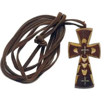 Přívěsek Dřevěný kříž na koženém řemínku s ornamentem