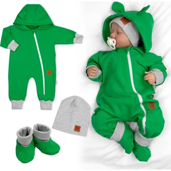 Kojenecká souprava Baby Nellys Rostoucí teplákový overal pro miminko, čepice, botky, 3D, Nature - zelený Velikost: 68/74 (6-9m)