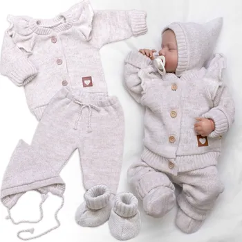 Kojenecká souprava Baby Nellys Rostoucí pletená sada 4D Girl s volánkem Love, béžový melírek Velikost: 56/62 (0-3m)