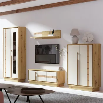 Obývací stěna Obývací stěna KEKS + LED osvětlení | 4 díly | 308 cm | artisan/kašmír/dřevo dub