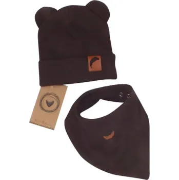Kojenecký body Z&Z Dvouvrstvá žebrovaná čepička s oušky + šátek, čokoládová Velikost: 56/62 (0-3m)