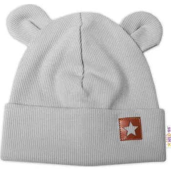 Kojenecký body Baby Nellys Žebrovaná dvouvrstvá čepice s oušky TEDDY - šedá Velikost: 56/62 (0-3m)