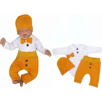 Kojenecká souprava Z&Z Bavlněná soupravička body, tepláčky, čepička a motýlek 4D, Z&Z, bílá/hořčicová Velikost: 56 (1-2m)